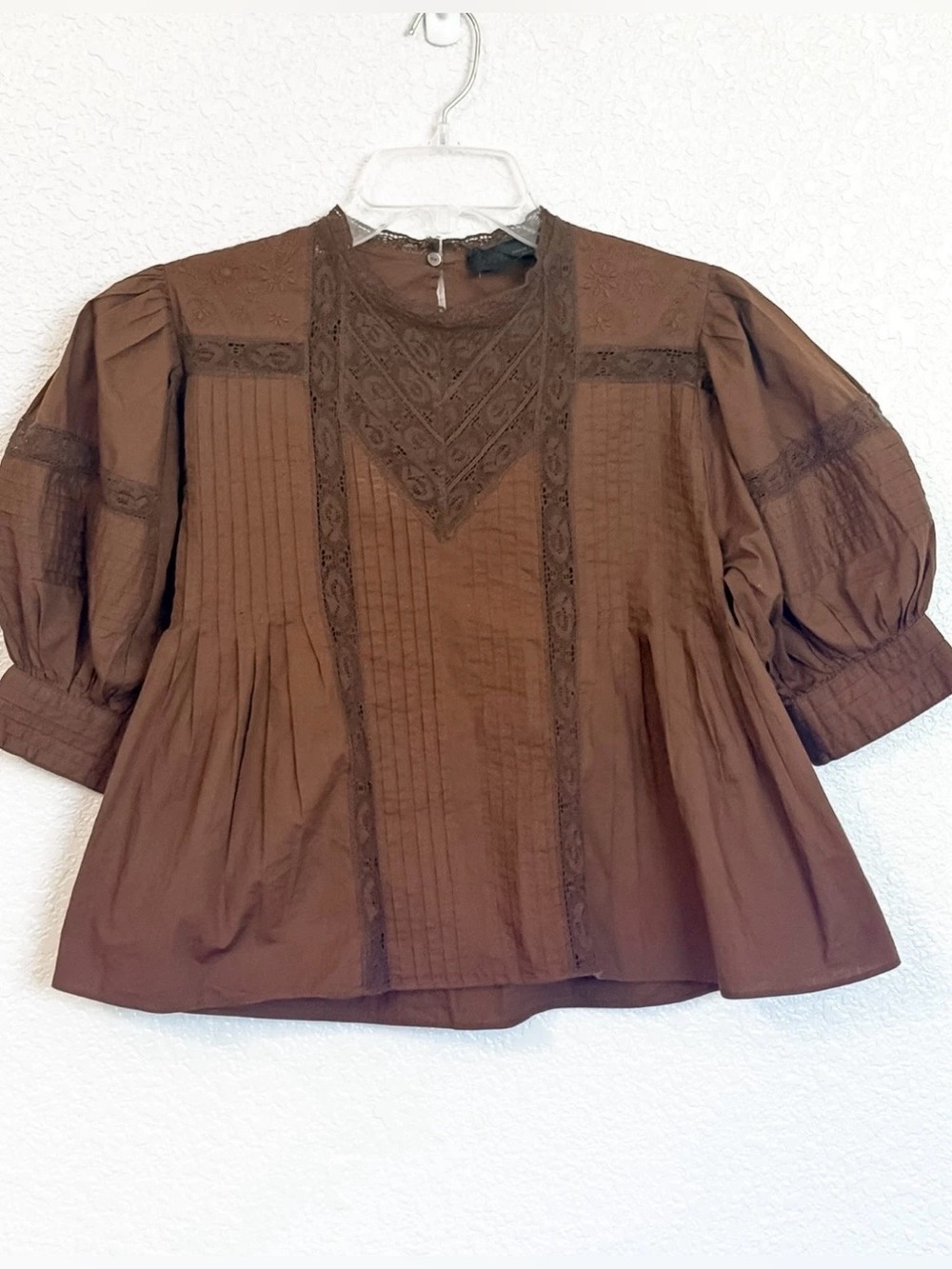 Zara ZW Collection Pleated Lace Blouse Women's XS Brown Romantic Prairie